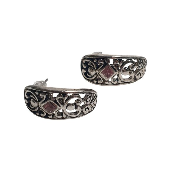 Sterling Silver Pink Gemstone Filigree Post Earrings Elegant Jewelry Formal Gift - Picture 1 of 4